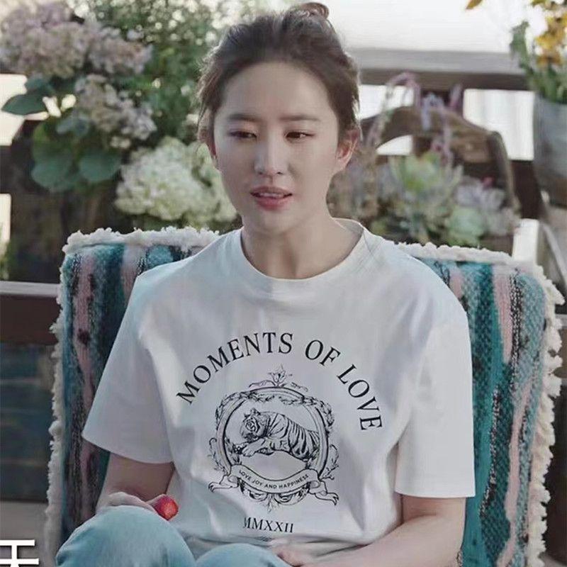 

Лю Ифэй Звезда Тот же стиль Свободные Топы с коротким рукавом на лето White S