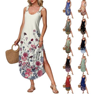 Damen Sommer langes Kleid, ärmellos mit Seitenschlitzen, langes retro bedrucktes Camisole-Kleid