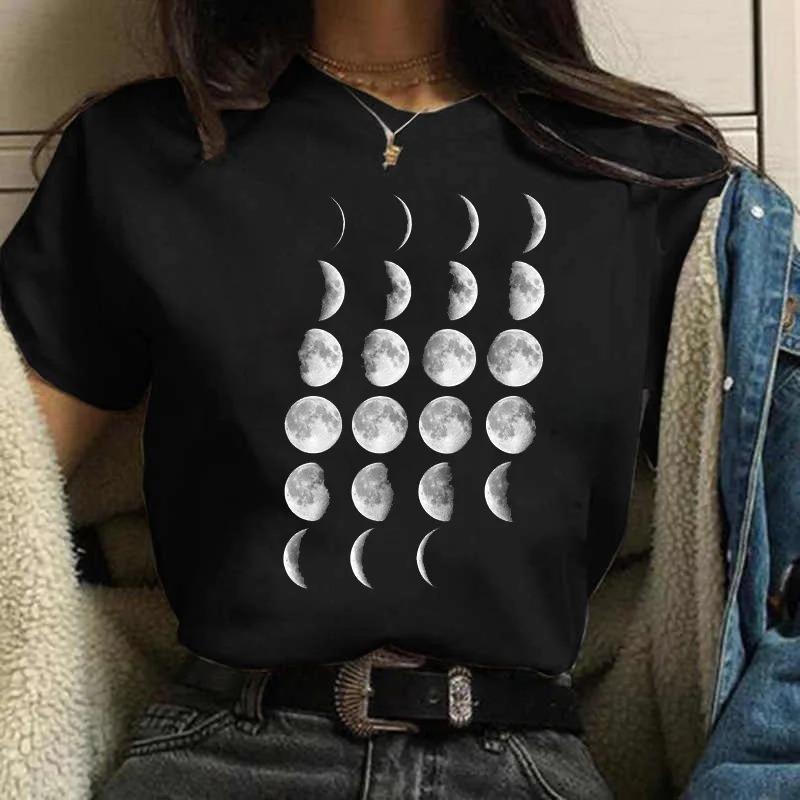 Moon PrintWomen Harajuku Summer T Shirt Girl Fashion Black Tops Funny Female T-shirt Casual Tee Woman Clothes Y2k Cute Tops