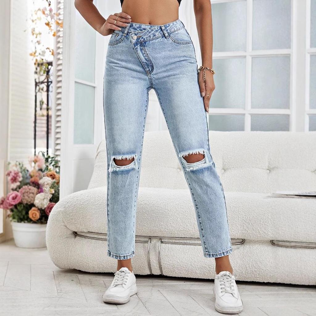 Women's European and American Fashion Ripped Straight-Leg Denim Pants