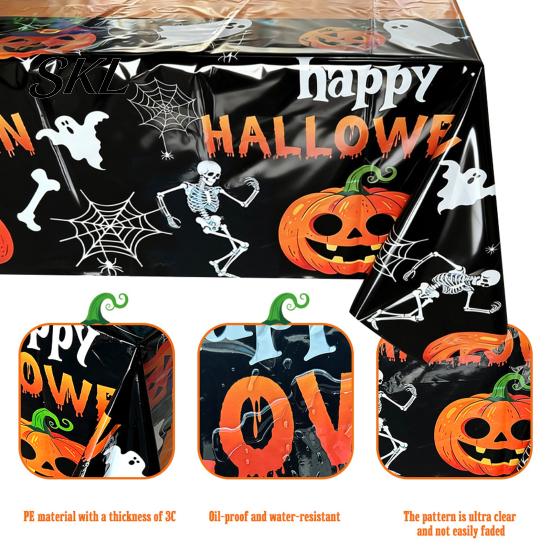 Festive Tablecloth Happy Halloween Disposable Tablecloth, Spooky Pumpkin Ghost Skeleton Waterproof Party Decoration Table Cover for Kitchen