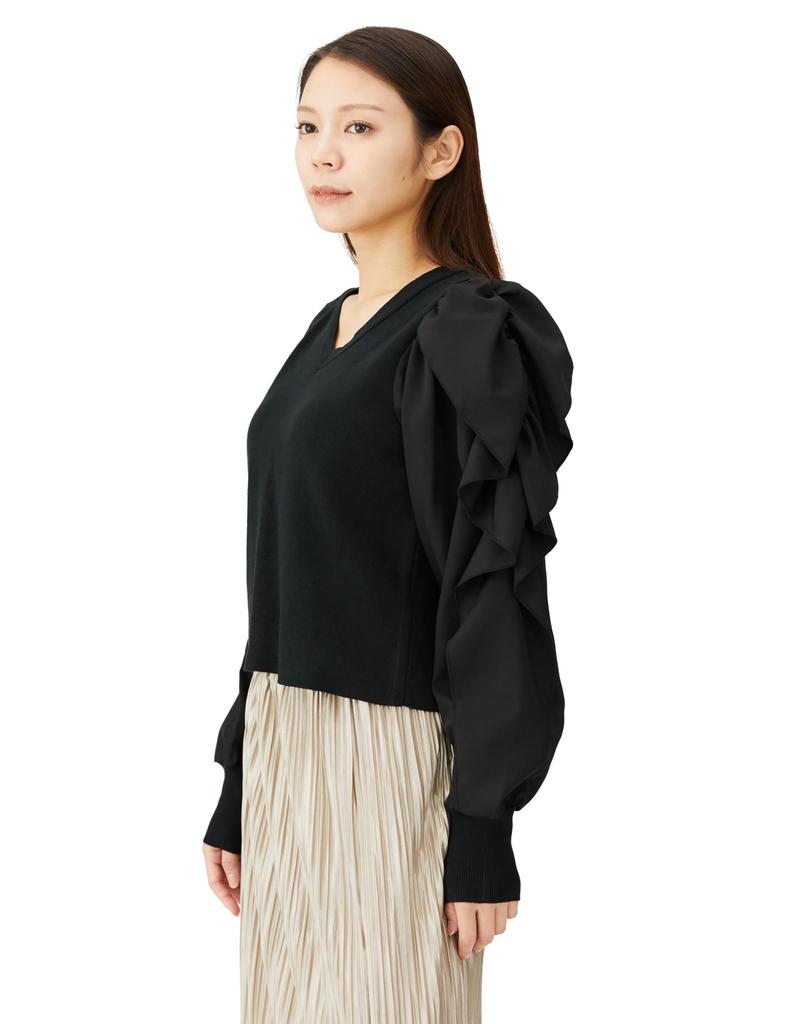 Bis Knit Top with Ruffled Black Maine BVM43070 Women's Sleeves, (01),