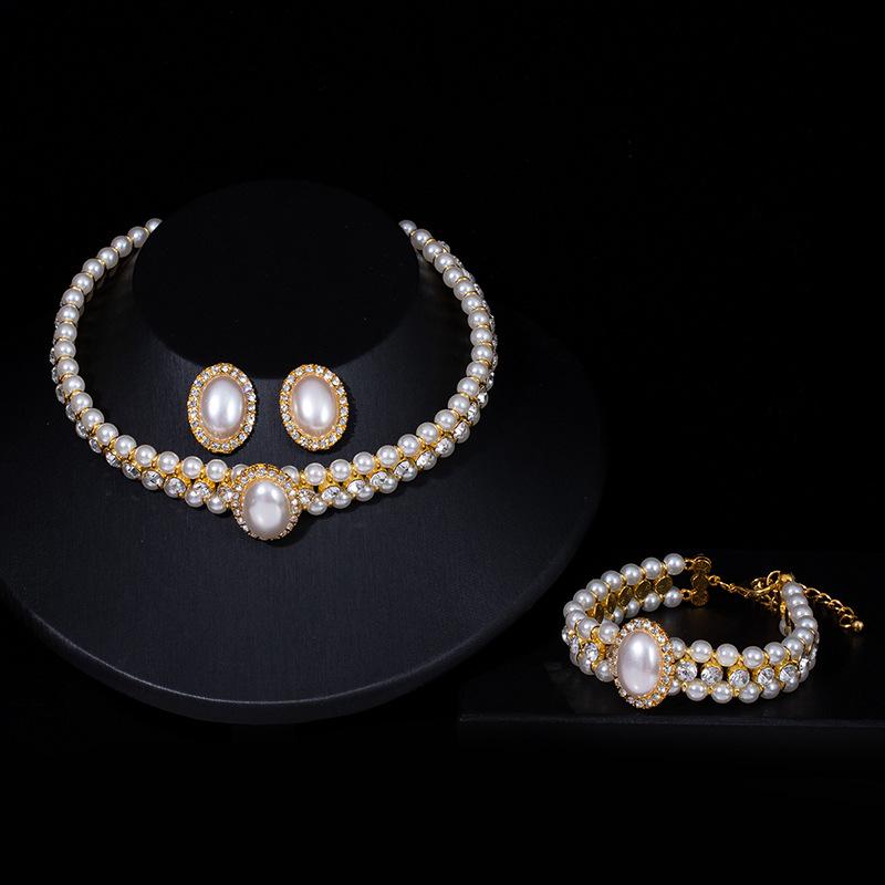 Hepburn Vintage Baroque Oval Pearl Diamond Double Necklace Bracelet Earrings Set Cheongsam Dress Accessories