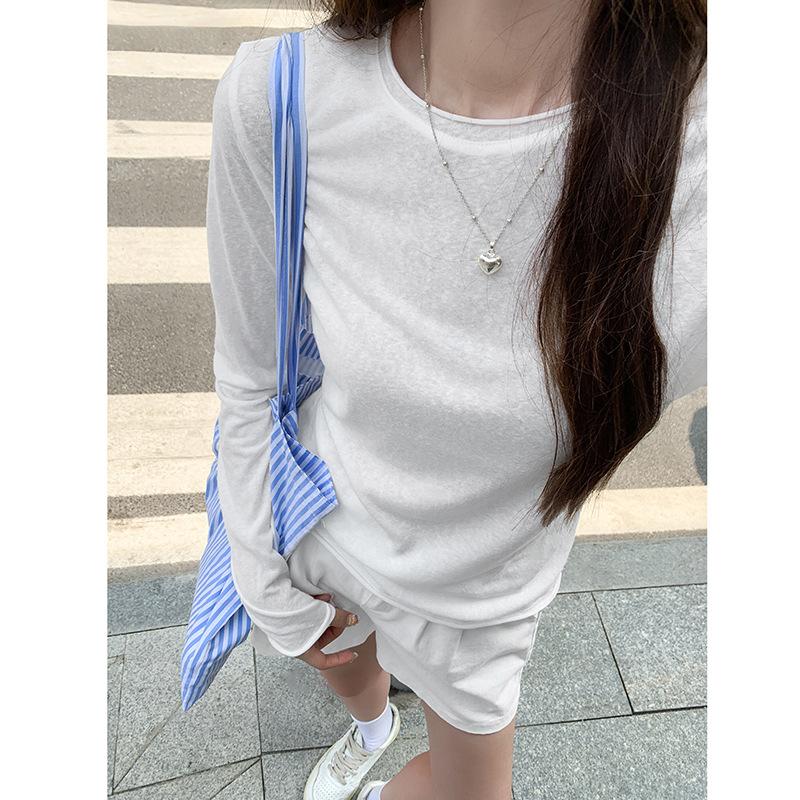 New white solid color summer thin slim round neck long sleeve t-shirt women's waist slim slim long top