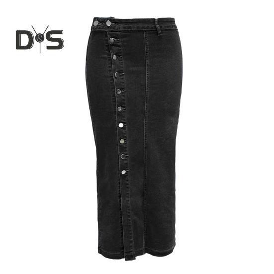 Women Denim Skirt High Waist Buttons Placket Solid Color Midi Skirt Irregular Slit Design Mid-calf Length Skirt