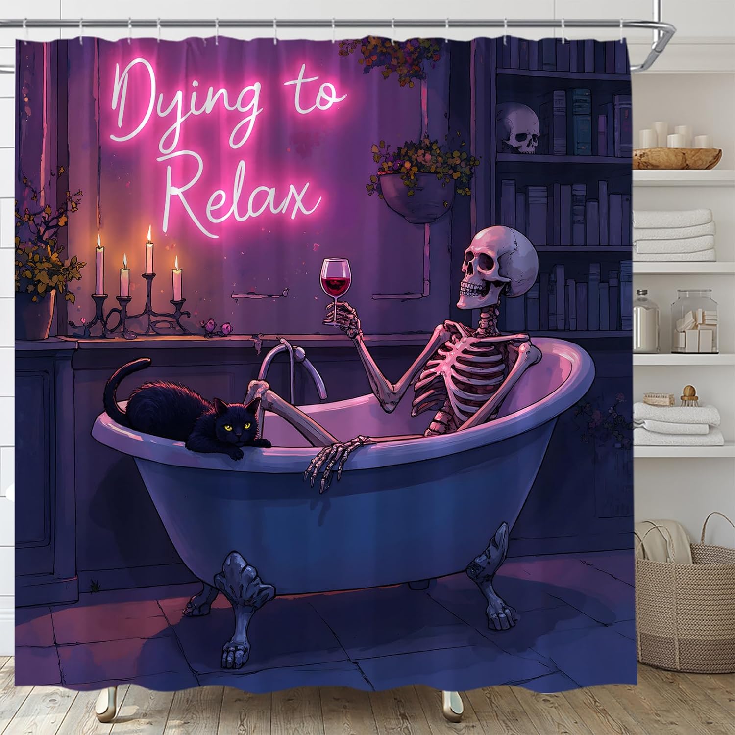 

Funny Skull Shower Curtain Horror Halloween Spooky Skeleton In Bathtub Gothic Black Cat Hilarious Bone Fabric Bathroom Decor W60H190(CM)-1 Pcs