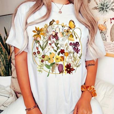 Women Summer T Shirt  Print Beautiful Flowers Short Sleeve Tees Casual   Printed  Tops