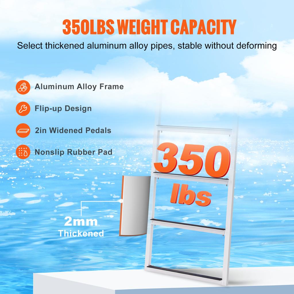 SucceBuy 3/4/5 Steps Flip Up Dock Ladders Firmness Durability Boat Boarding Ladder with Rubber Mat for Pool Marine Kayak Canoe