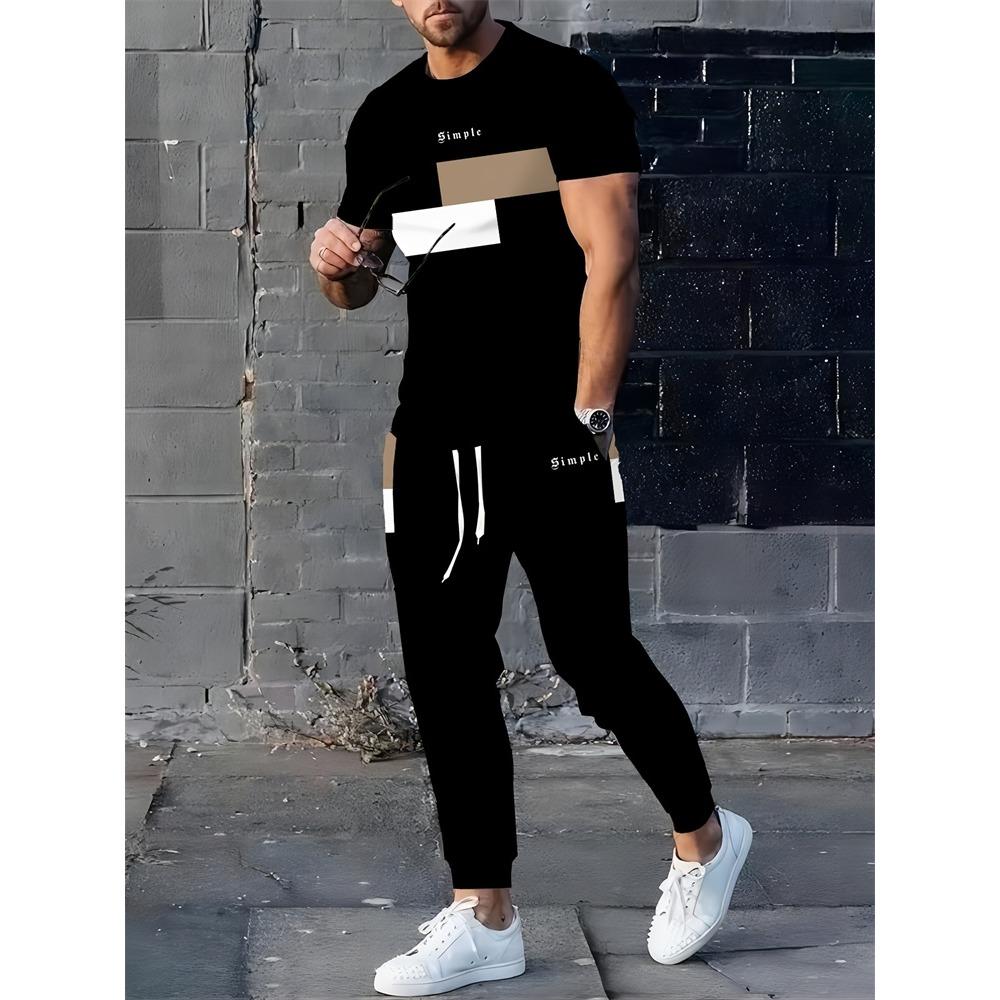 Color Block Letter Men's Set, Three-color Patchwork Short-sleeved Shirt And Long Pants, Simple And Casual