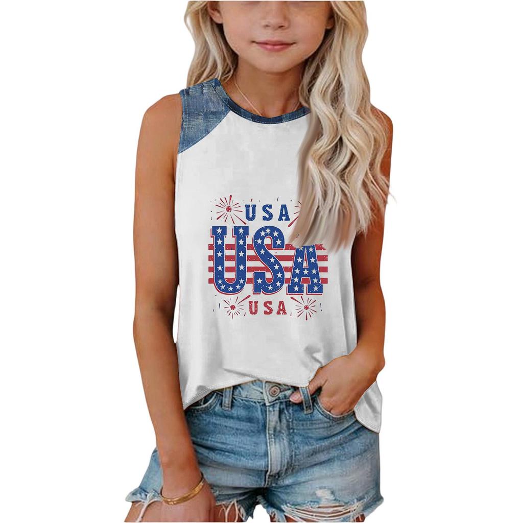 Girls Sleeveless Loose Fit Tank Top Independence Day Firework Print Round Neck Denim Patchwork T Shirt Summer Casual Tee