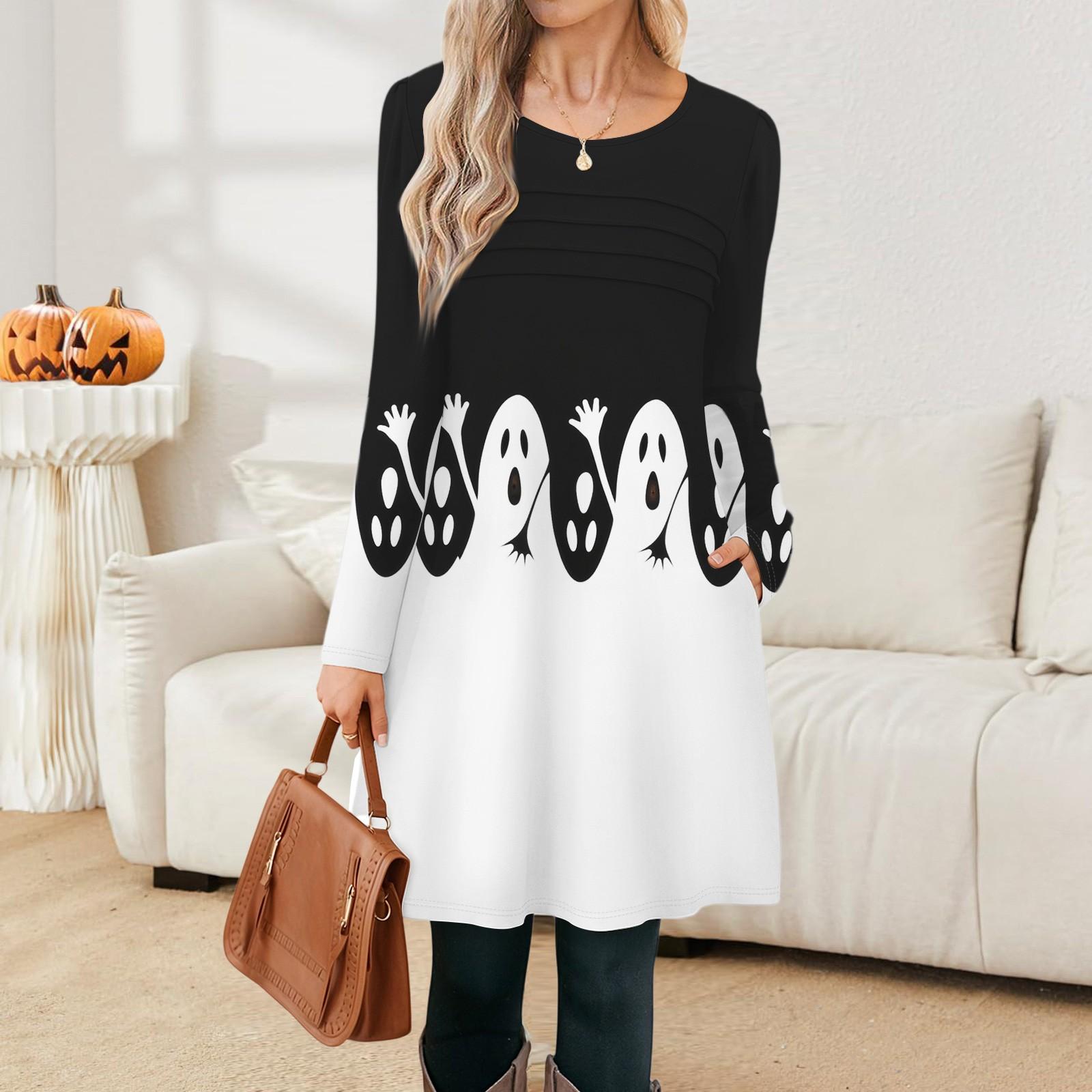 

Женские повседневные модные платья с длинным рукавом, винтажные, с принтом графики на Хэллоуин и карманами M