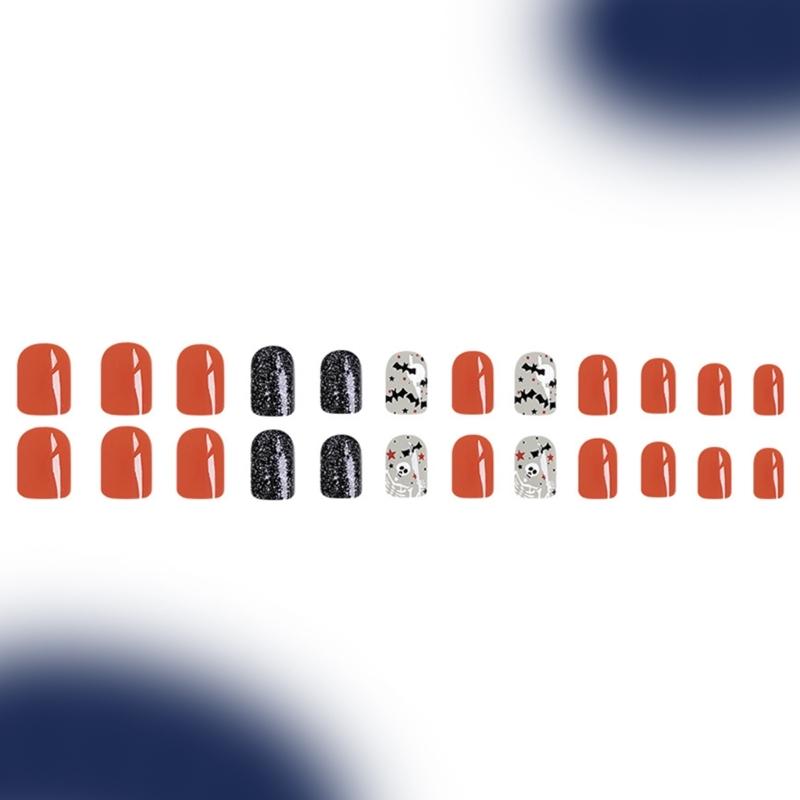 Plastik-Falschnagel-Aufkleber mit Halloween-Fledermaus-Schädel-Stern-Geister-Mustern Einfache Anwendung Künstliche Nagelaufkleber 24 Stück