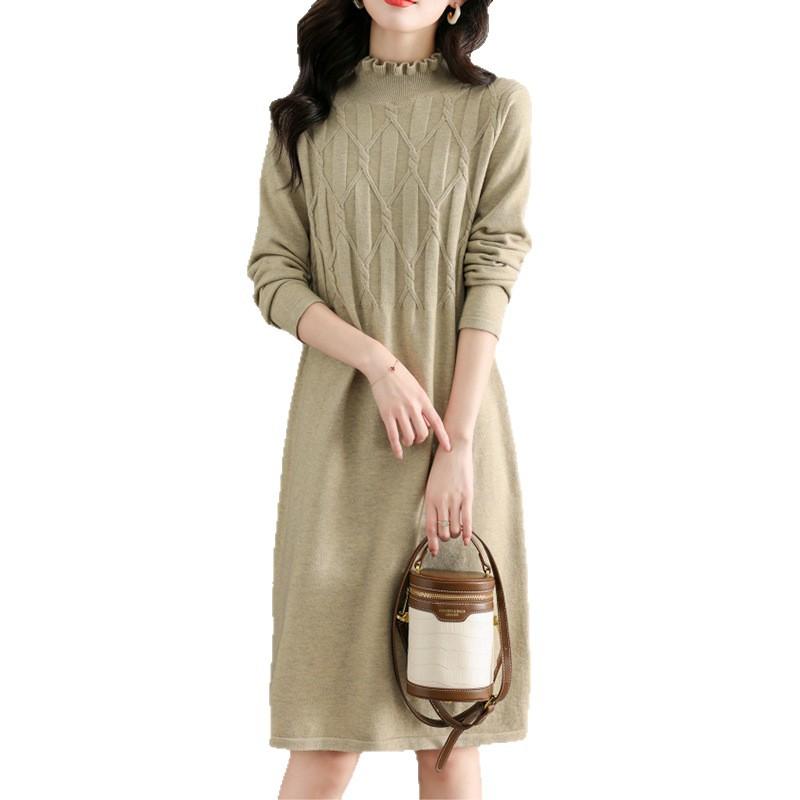 Wood ear edge semi-turtleneck knitted dress women's autumn and winter temperament elegant and thin inside with medium and long bottom sweater skirt