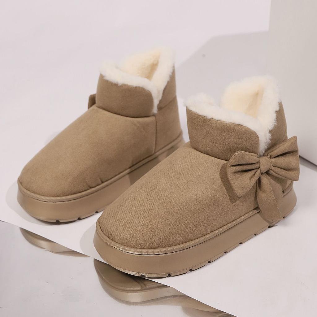 Cozy Plush-Lined Winter Snow Boots for Men and Women - Elegant Bow Detail, Soft Sole, Indoor/Outdoor Fashion Slippers