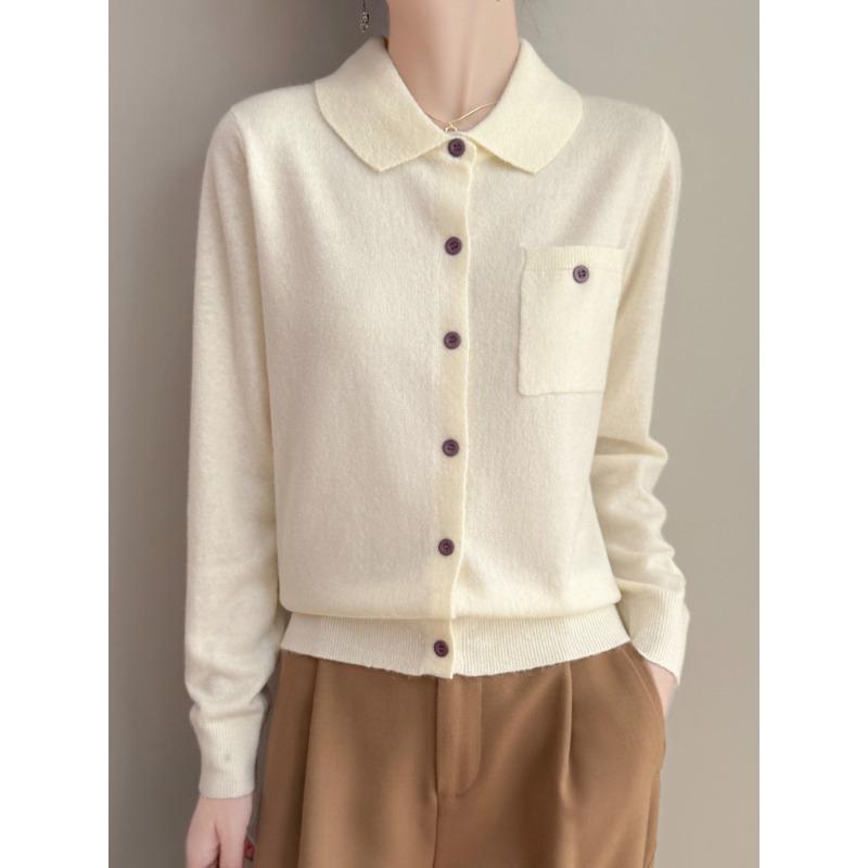Spring and Autumn New Casual Simple Lapel Knitted Cardigan Solid Color Single Pocket Sweater Jacket