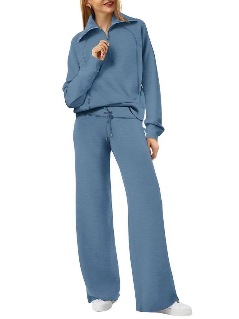 European and American Women's Oversized Half-Zip Sweatshirt with Wide-Leg Sweatpants Set.