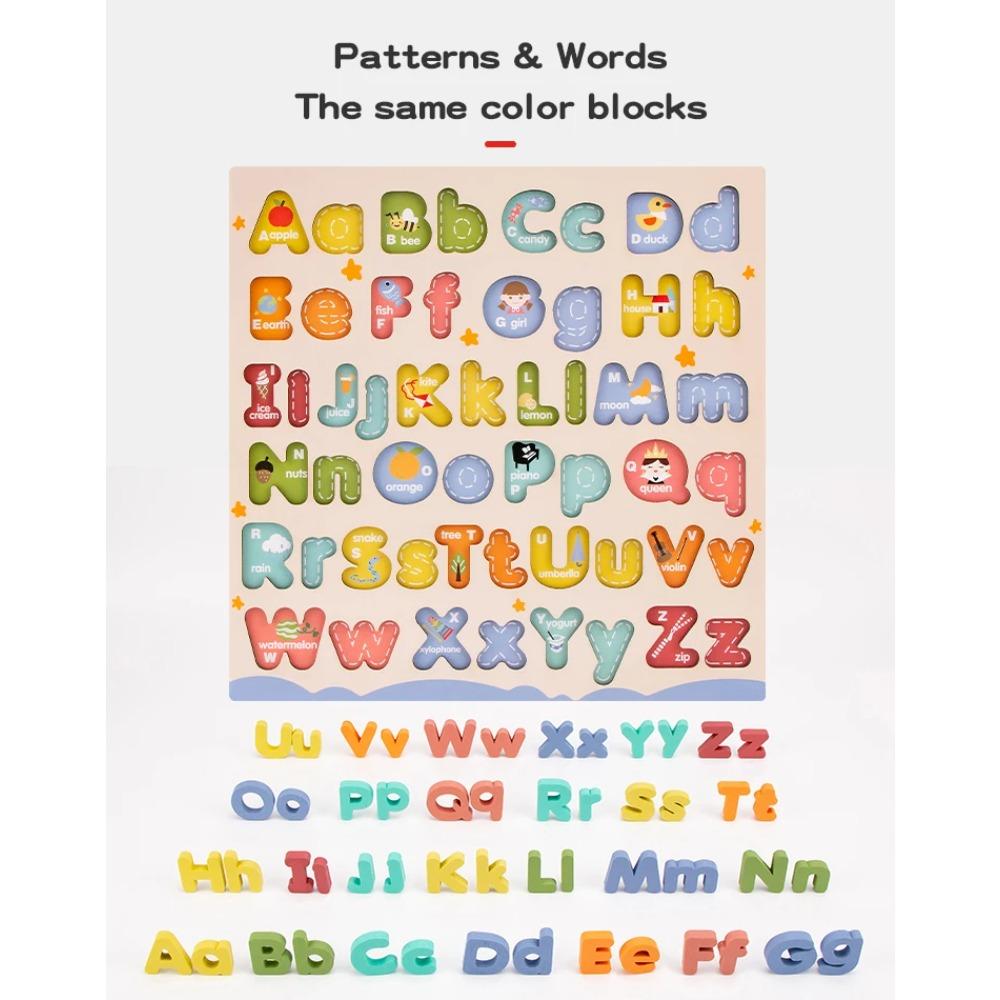 Dřevěné Vzdělávací Abc Puzzle Velká a Malá Písmena pro Dárky k Narozeninám Chlapci Dívky Rodinná Hra Děti Předškoláci