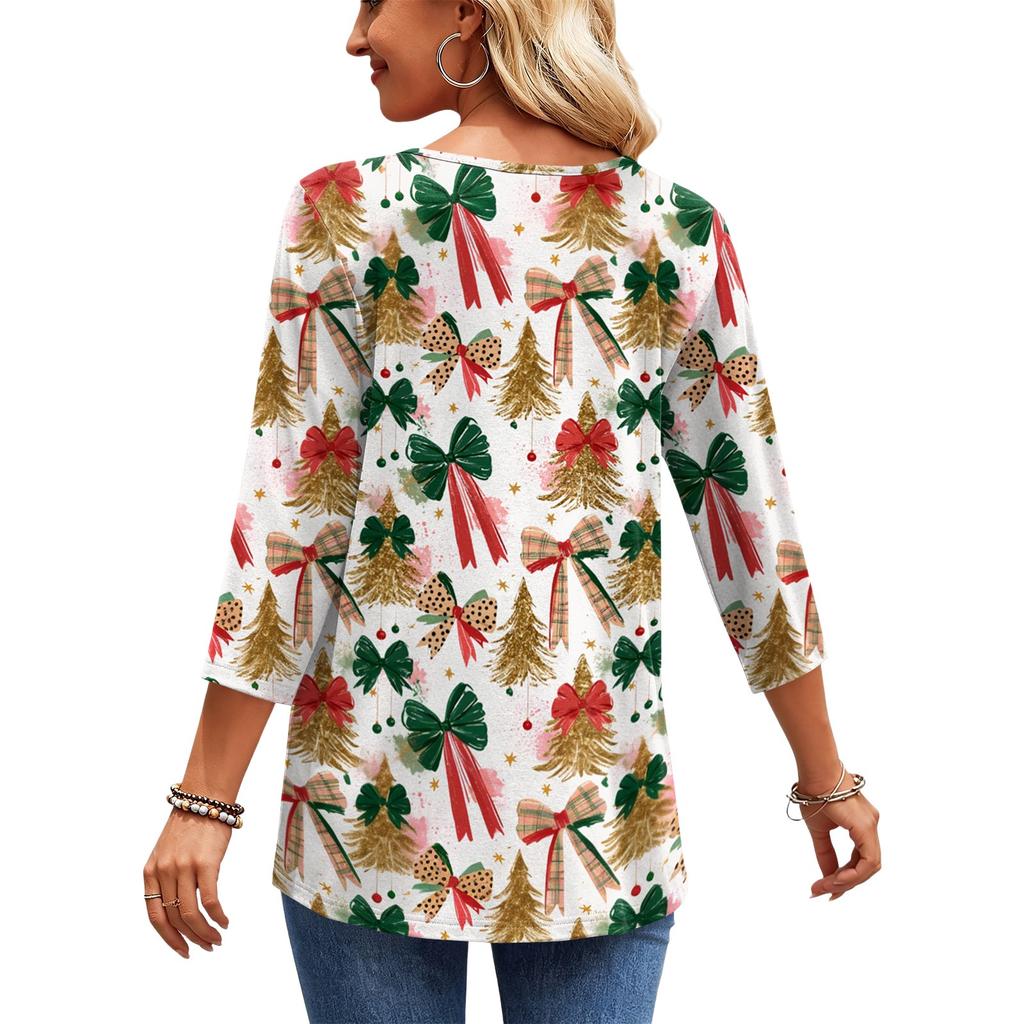 Women's Fashion Casual Christmas Print V-Neck Three-Quarter Sleeve Blouse