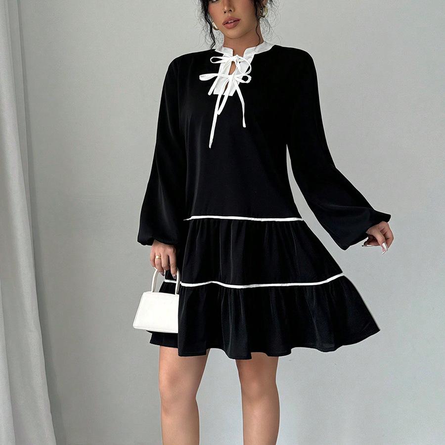 Spring Autumn Women's New Dress Fashion Temperament Color Block V-neck Lantern Sleeve Bow Loose High Waist A-line Short Dresses