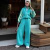 Casual European and American Women's Color Matching Suit Zipper Stand-up Neck Cardigan Jacket Elastic Sweatpants Striped Two-piece Set