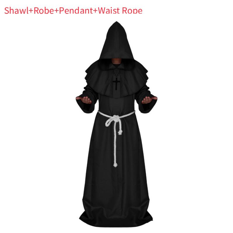 Средневековый Костюм Монаха Волшебника Жреца Комплект с Мантией и Шалью Для Косплей Мероприятий и Хэллоуина S чёрный