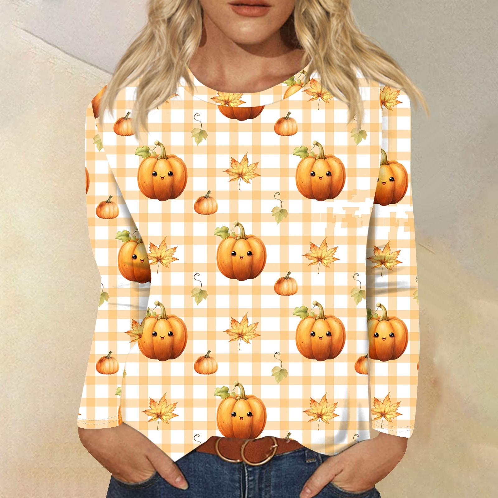 

Женская мода повседневная с длинным рукавом и принтом в честь Дня благодарения с круглым вырезом свободный топ XXXXXL жёлтый