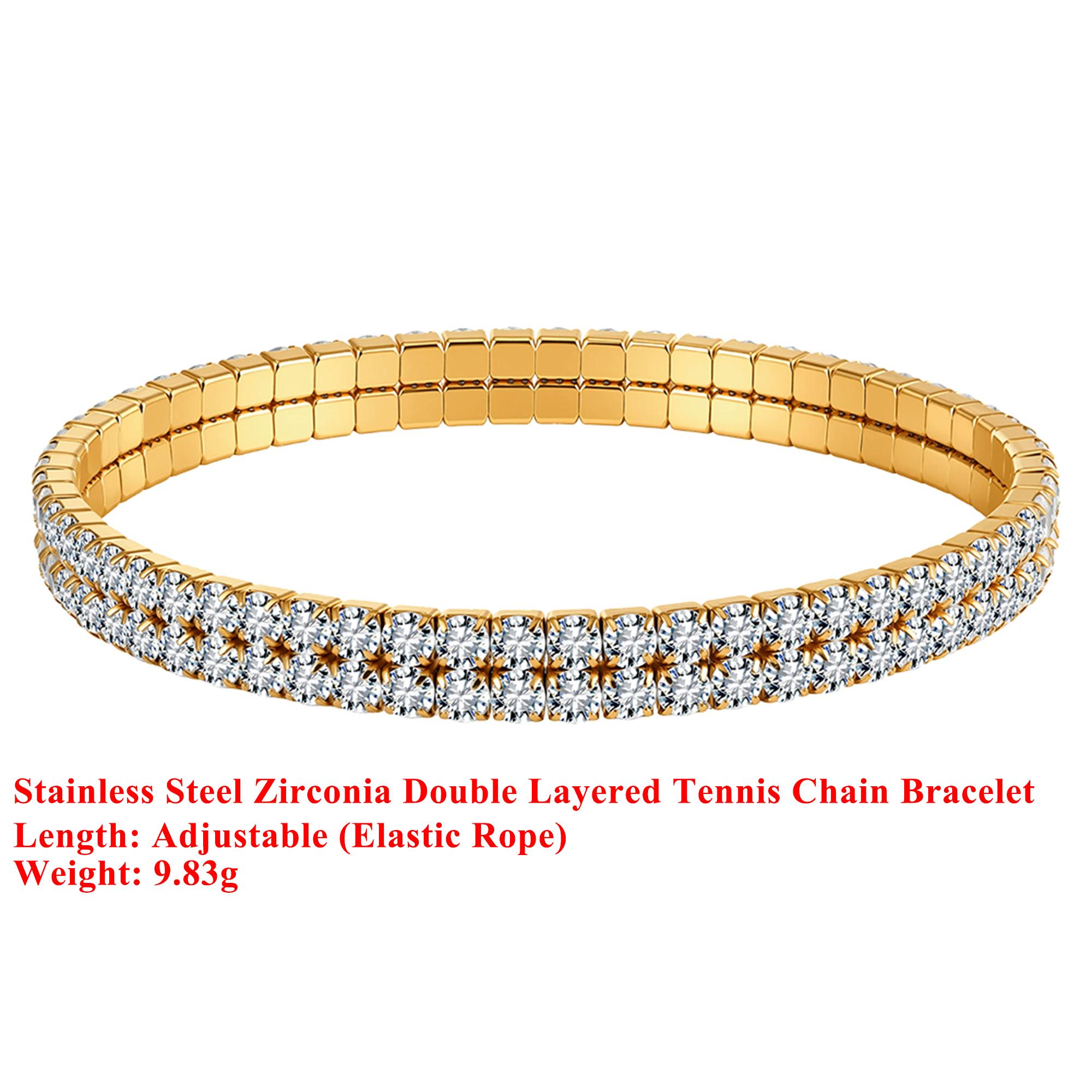 

EFFIE QUEEN Stainless Steel 18k Gold Double Layered Zirconia Tennis Chain Bracelet Ideal Jewelry for Women Wedding Party STKB15