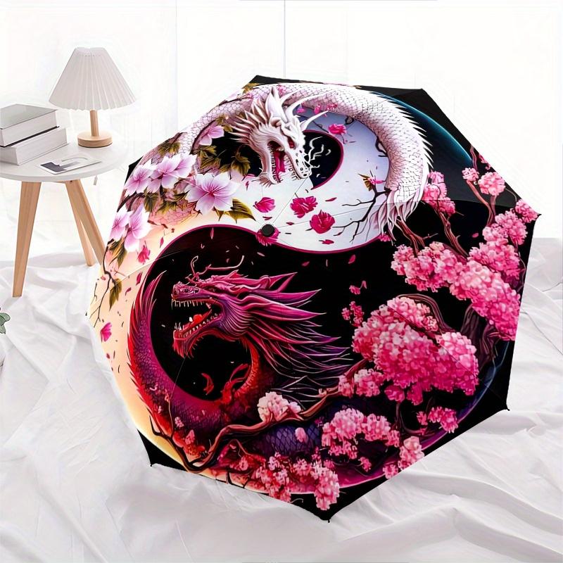Dragon Yin Yang Automatic Folding Umbrella 8 Ribs, Durable Iron Frame, Bright Color Pattern Compact Travel Umbrella, Suitable for Outdoor,