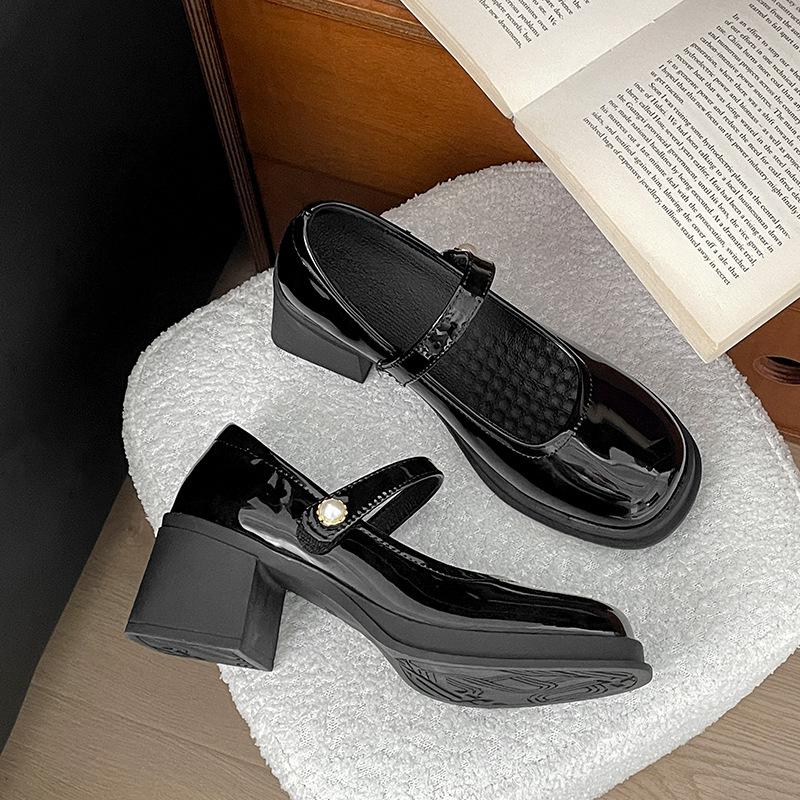 White small thick heel high heels spring skirt heightening French Mary Jane small leather shoes 35 чёрный