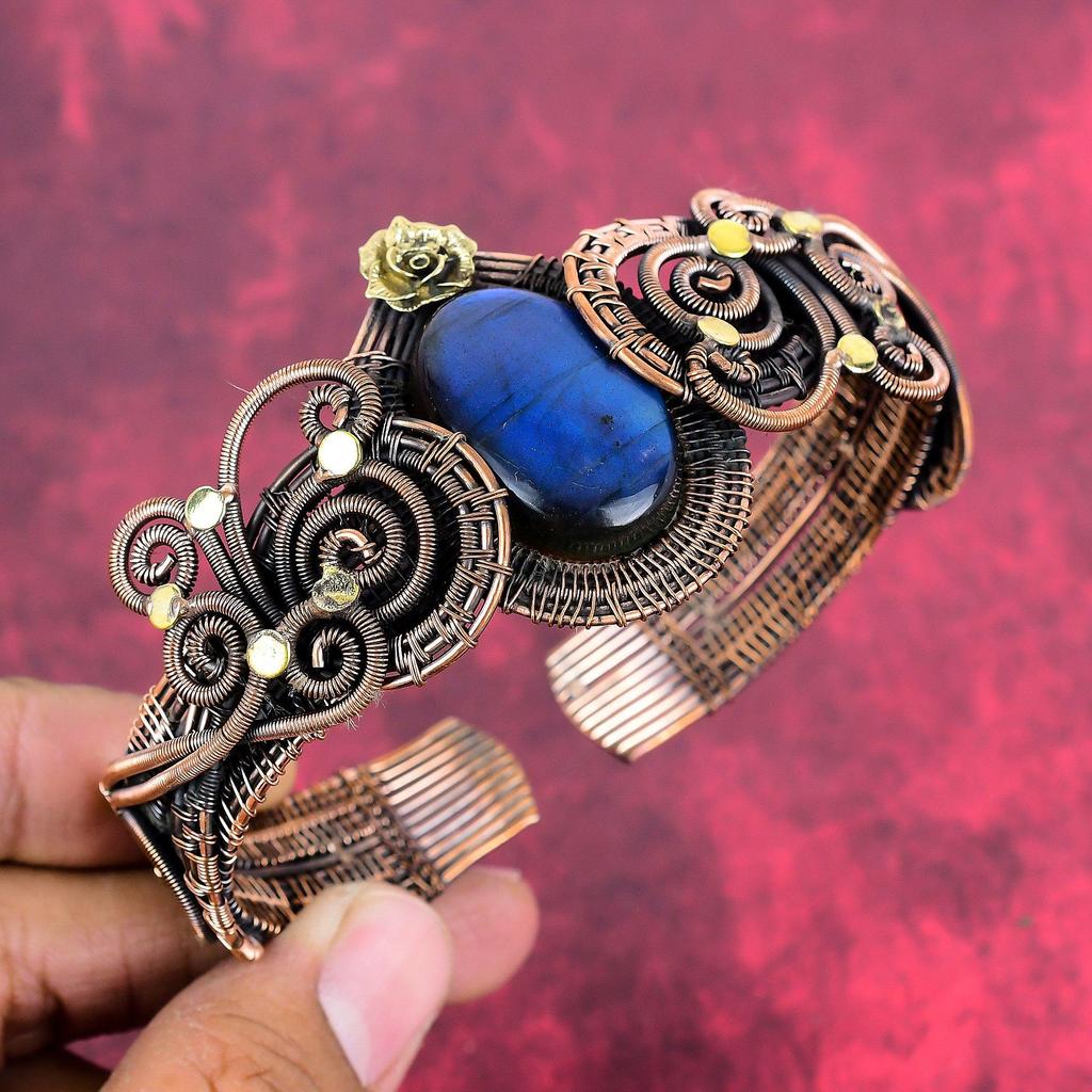 Labradorite gemstone bangle copper wire wrapped cuff bracelet adjustable bangle copper jewelry gifts for him handmade bracelet flower bangle