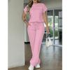 Women's Fashionable Casual Suit - Solid Color, Simple Design, Short-sleeved Straight-leg Pants Set of Two Pieces
