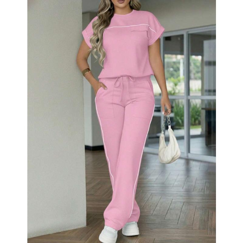 Women's Fashionable Casual Suit - Solid Color, Simple Design, Short-sleeved Straight-leg Pants Set of Two Pieces