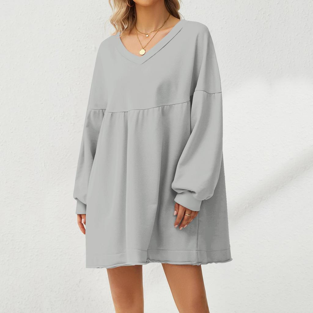 Women's Fashion Casual Large Solid Color Sweatshirt V-Neck Long Sleeve Loose Dress