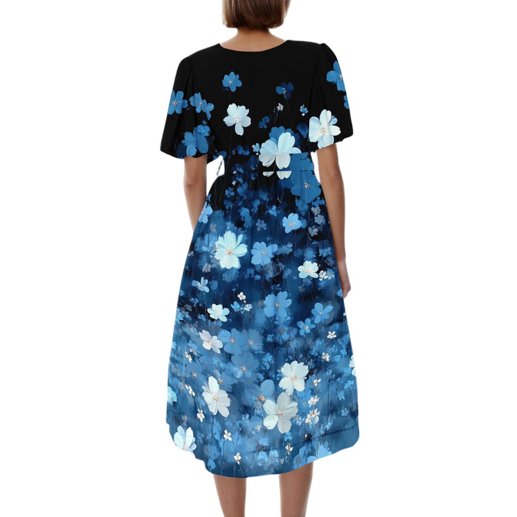 Womens Casual V Neck Short Sleeve Floral Print Midi Dress Vintage Style Lightweight Soft Fabric Flowing Skirt for Daily Wear