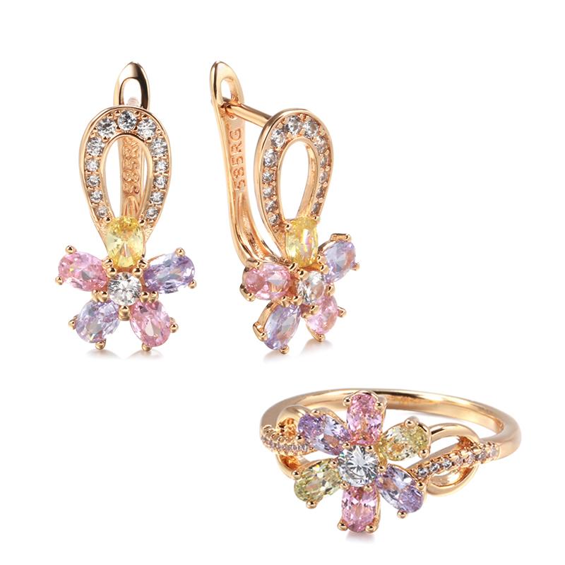 

New Rose Gold Flower Earrings Ring Sets For Women Colorful Natural Zircon Rings Fashion Bride Wedding Jewelry Set 7