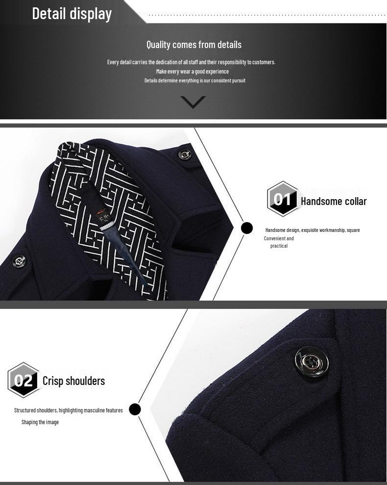 Men's Mid-Length Wool Coat with Scarf Collar and Thick Cotton Lining