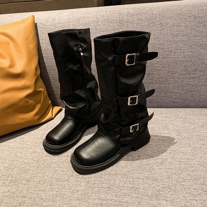 Retro western cowboy boots women's 2025 autumn and winter new Internet celebrity belt buckle trouser tube side zipper black knight boots