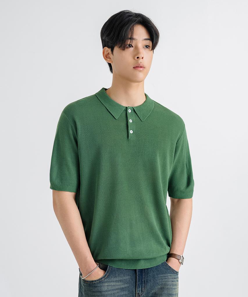 LEMAIN SECOND Linen-Like Oversized Washable Collared Short Sleeve Knit [Green]