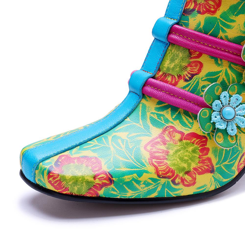 Johnature Retro Tištěné Krátké Kožené Boty Květinové Pohodlné Silný Podpatek Dámské Boty