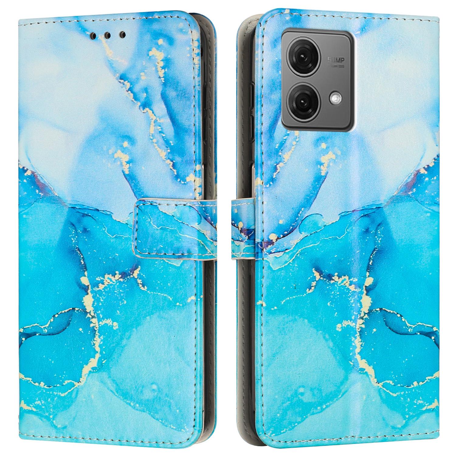 

For Motorola Moto G84 5G Stand Case Marble Pattern PU Leather Wallet Phone Cover with Wrist Strap Blue/Green