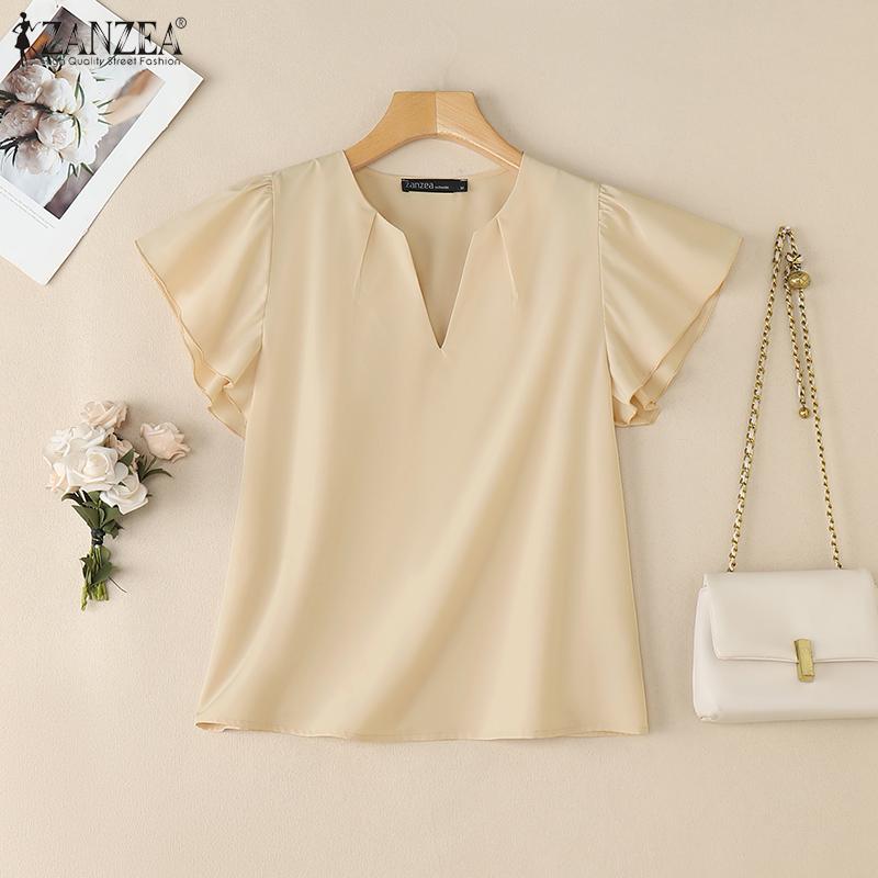 ZANZEA Kobiety Casualowy Dekolt V Falbany Rękaw Jednolity Kolor Letnia Bluzka