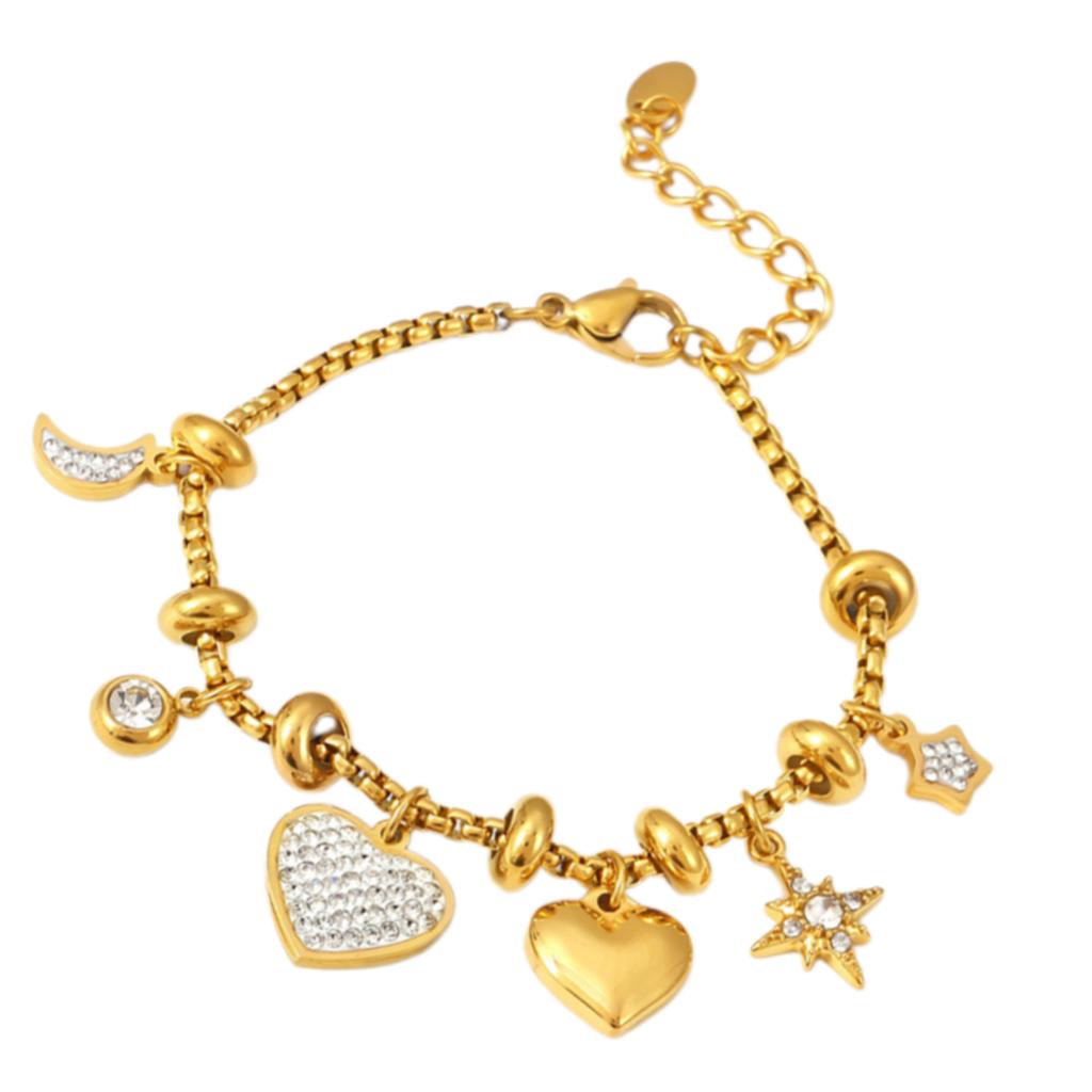 Fashionable 18k Gold Plated Women's Bracelet with Heart Charm Craft of Sturdy Stainless Steel and Zircon Daily Use