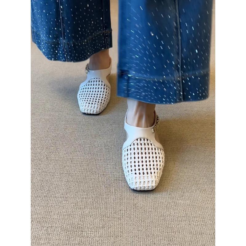 Moda 2025 Wiosna Lato Moda Tkane Obcasy Damskie Klapki Mules Oddychające Ażurowe Kwadratowe Obcasy Klapki Damskie Sandały