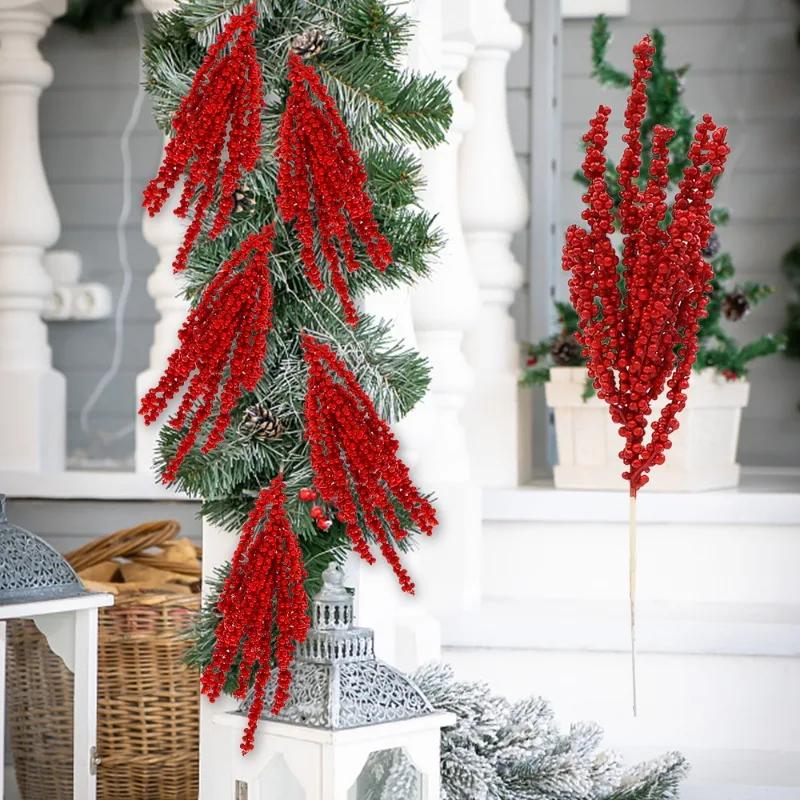 Neuer Weihnachts-Rotbeeren-Zweig Künstliche Stechpalmenbeeren Staubgefäße Blumenkranz für Weihnachtsbaumschmuck Neujahrsparty Heimdekoration