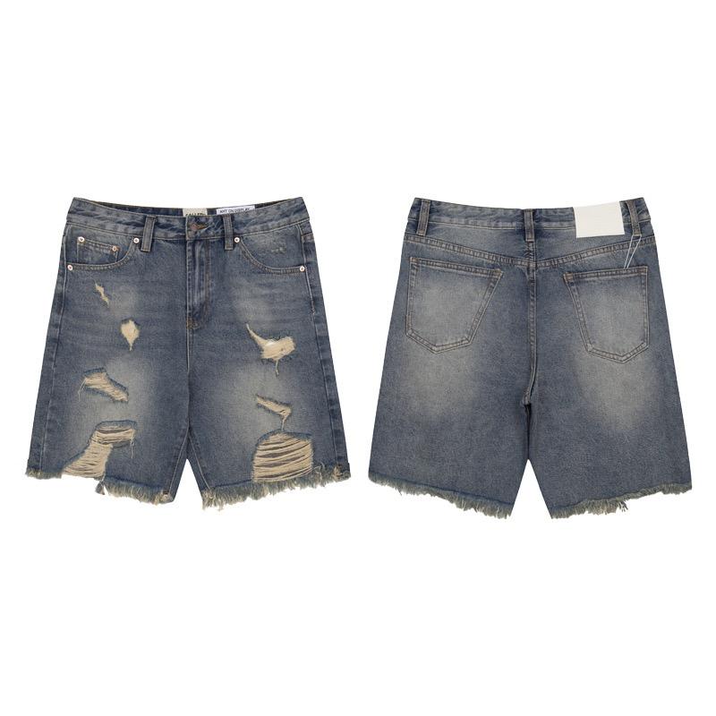 EastRogue Deformed-resistant Denim Shorts Denim Shorts Straight Fit Ripped Holes Knee Length Jeans