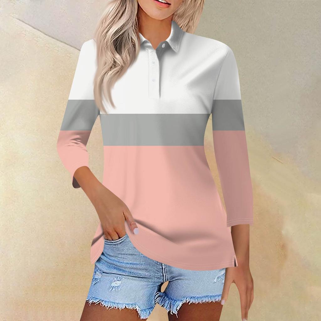 Dámská móda Neformální klopa Krátká košile s 3/4 rukávem s potiskem Dámské topy se zapínáním na knoflíky