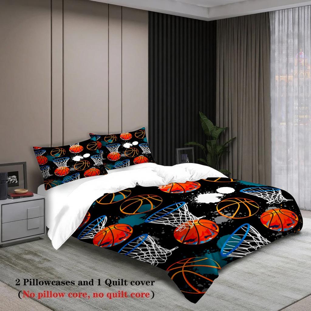 3pcs Basketball & Hoop Graffiti Print Duvet Cover Set – for Kids Gift 100%Polyester, Soft, Breathable for Bedroom Decoration