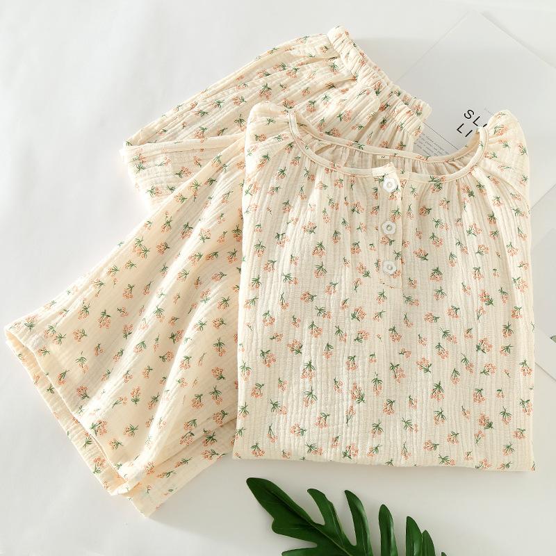 Summer pure cotton pajamas women's thin pullover short-sleeved cropped pants loungewear round neck can be worn outside summer clothes Weifang