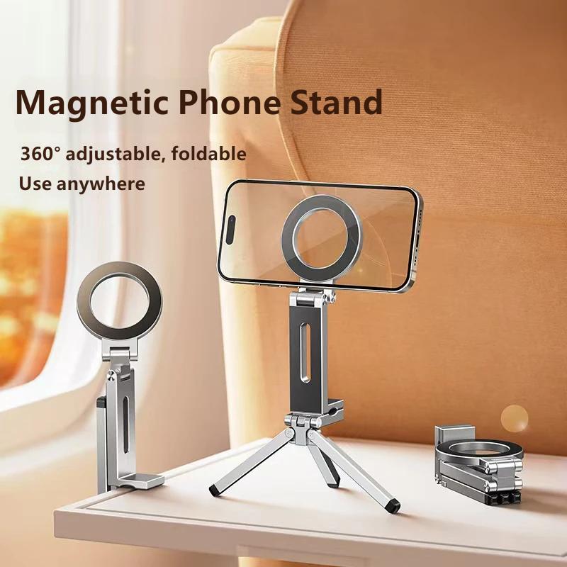 Magnetic Travel Phone Holder MagSafe Foldable 360° Rotating Clip Stand Portable Aluminum Alloy Desktop Mount for iPhone Android