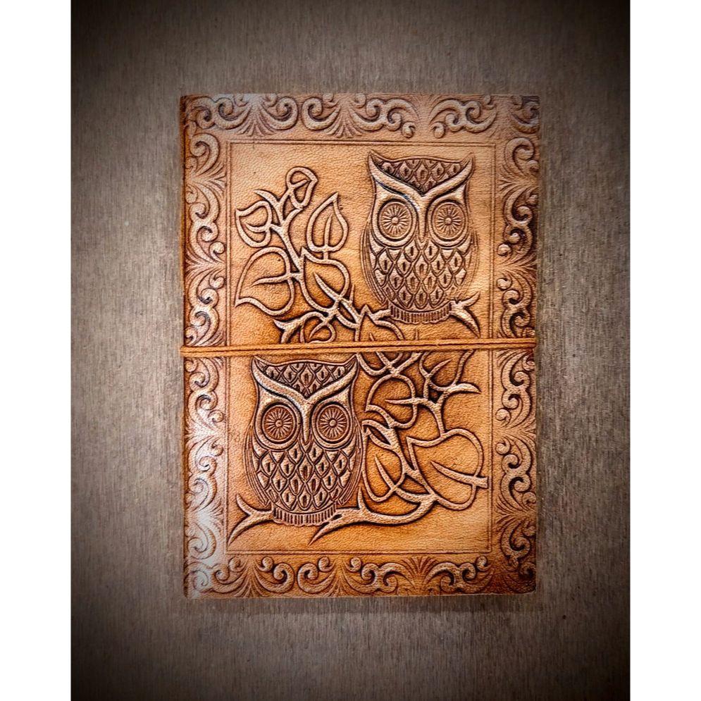 Vintage Owl Embossed Handmade Large Leather Bound Travel Journal Acid Free Cotton Recycled Paper , Deckle Edge Vintage Paper Writing Diary